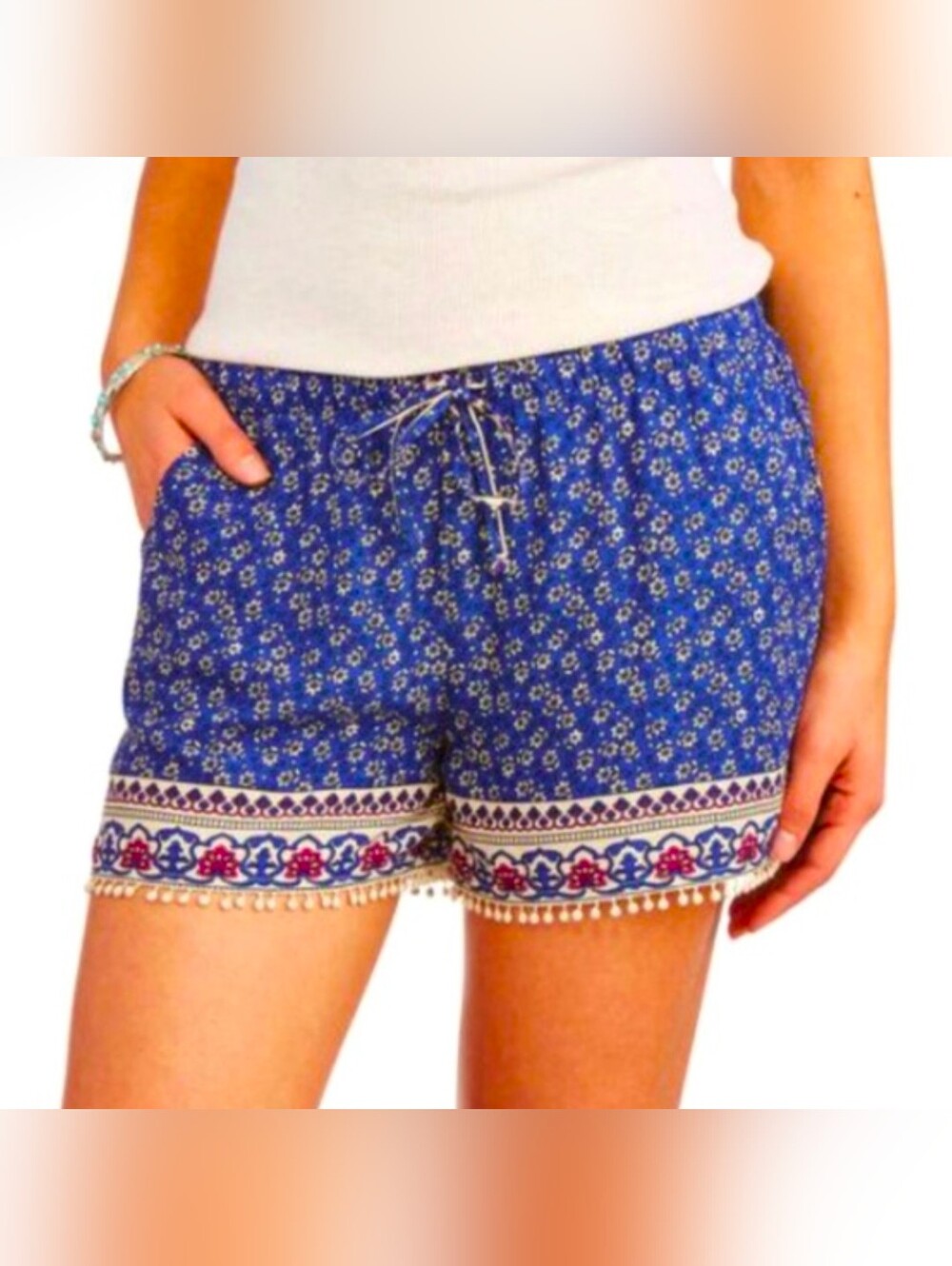 Blue All-Over Floral Print Flowy Boho Drawstring Shorts Size Lg (11-13)